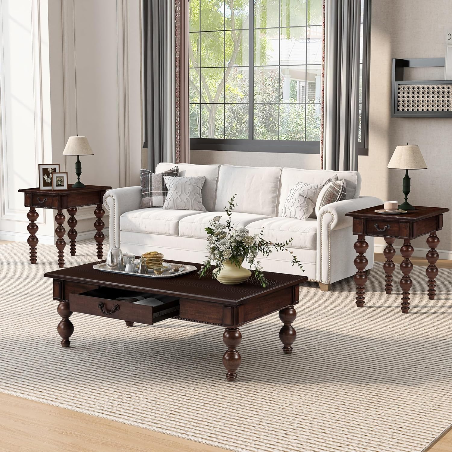Homora Rectangular Wooden End Table with Storage Drawer, Vintage Narrow Sofa Table with Solid Wood Gourd-Shaped Legs, Farmhouse Side Table for Living Room Apartment Office, Espresso