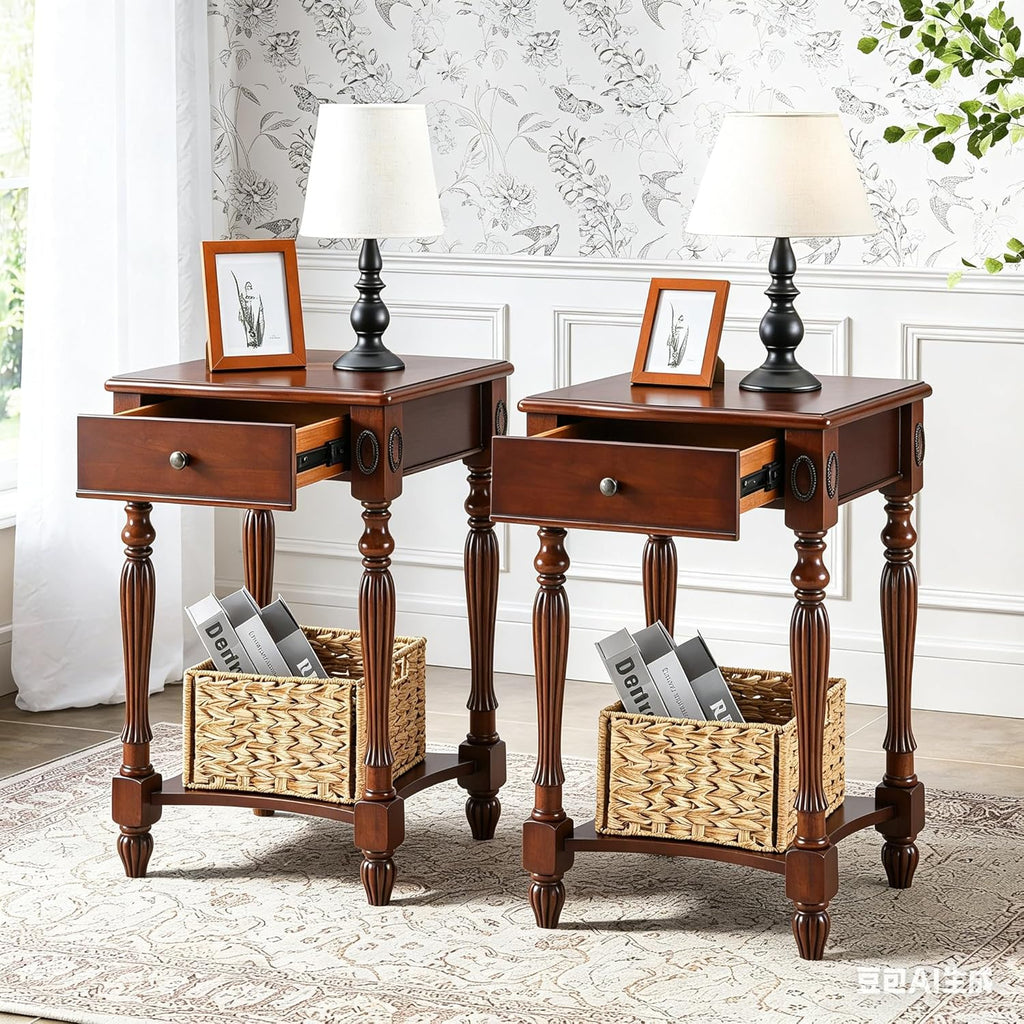 Narrow End Side Table with Drawer and Storage Shelf Set of 2, Sofa Beside Table,No-Tools Assembly Antique Wood Nightstand for Living Room,Small Space, 27.6”H x 19.7”L x 15.7”W Cherry Walnut GBJ1533WD