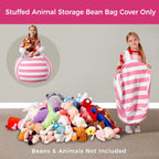 Aubliss Stuffed Animal Bean Bag Storage Chair, Beanbag Covers Only for Organizing Plush Toys, Turns into Bean Bag Seat for Kids When Filled, Medium 32"-Canvas Stripes Pink/White