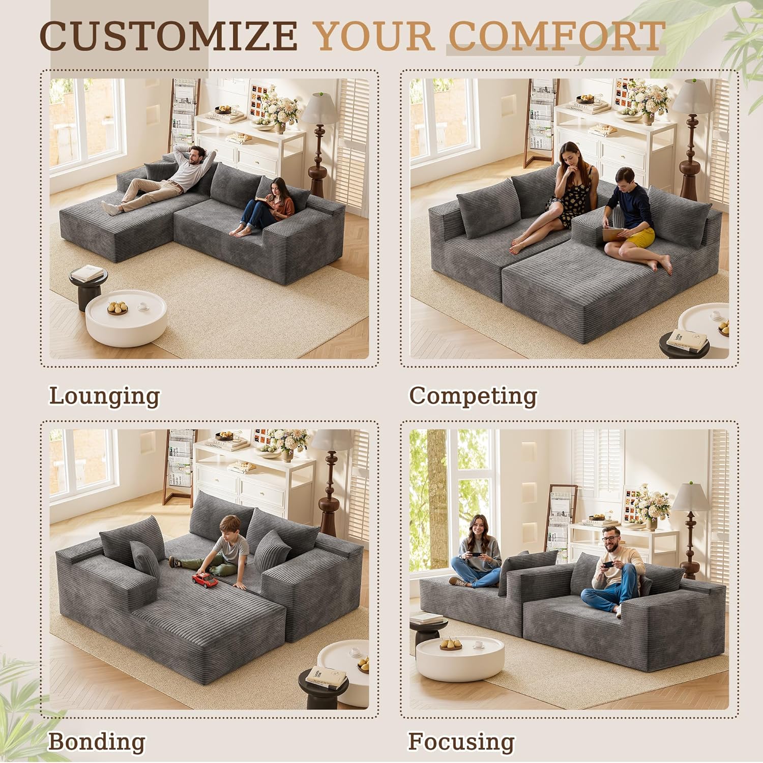 YESHOMY Boneless Couches for Living Room, 108" Sectional Modular Sectional Sofa with Deep Seat, Cloud Comfy Couch with L-Shape Chaise, Easy Assembly (Corduroy, Gray)
