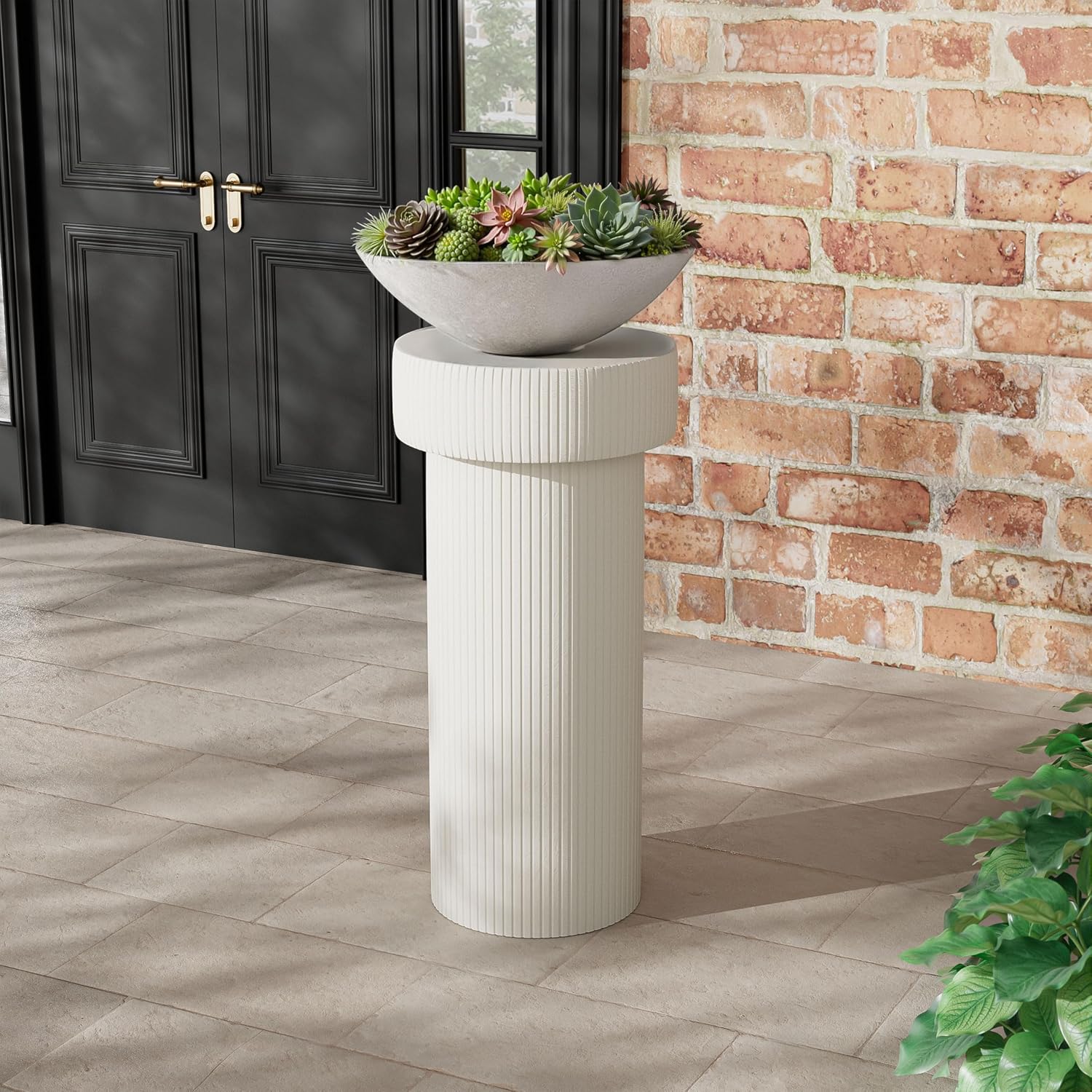 ø11.75'' Faux Stone Side Table Round End Table for Living Room, Modern Contemporary Pedestal Plant Stand, MGO Lightweight Concrete Material for Outdoor & Indoor, No Assembly, White