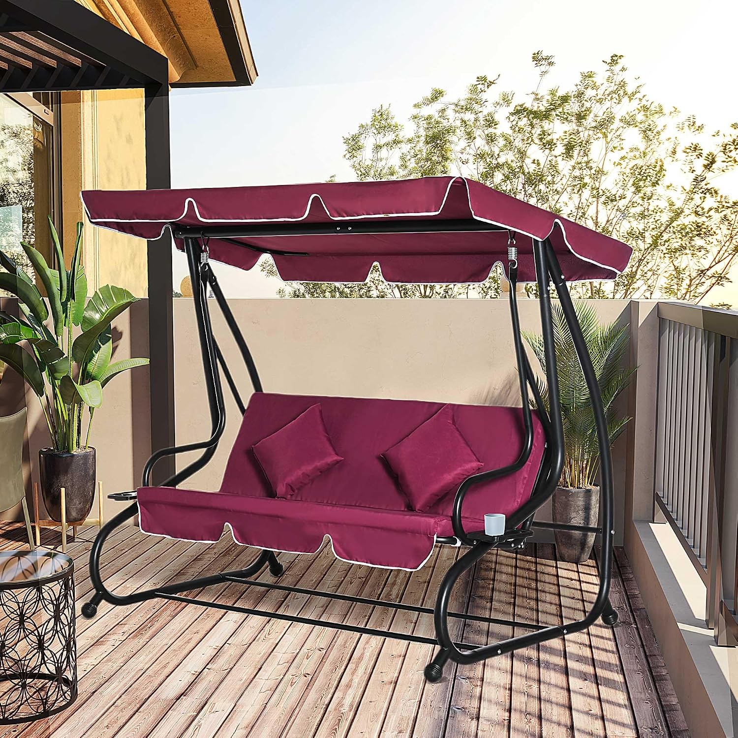 3-Person Outdoor Porch Swing Bed with Canopy and Cup Holders