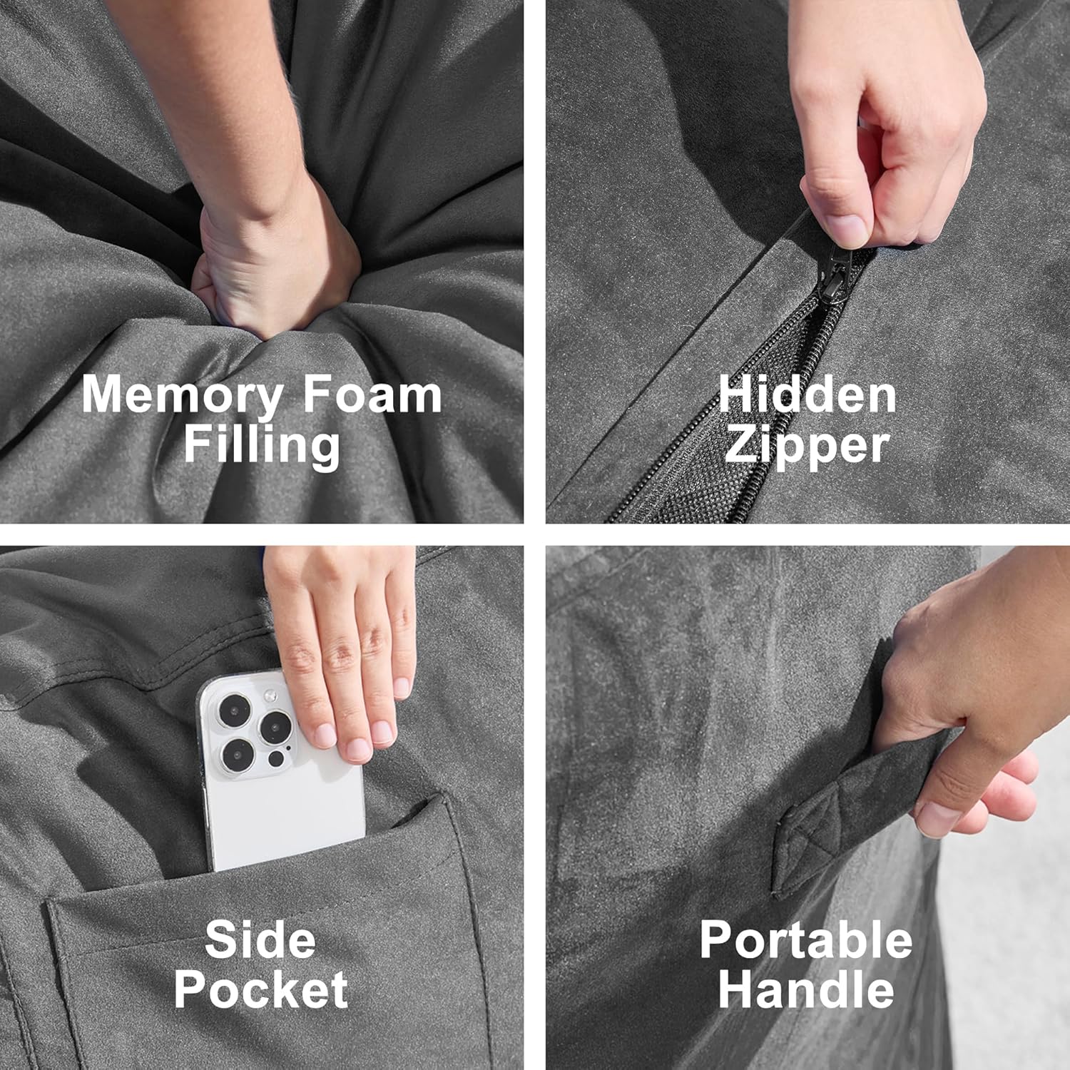 fond + found 3FT Bean Bag Chair for Adults - Giant Memory Foam Bean Bag with Removable Washable Cover, Large Comfy Bean Bag Chair with Handle & Side Pocket for Living Room, Bedroom, Gaming