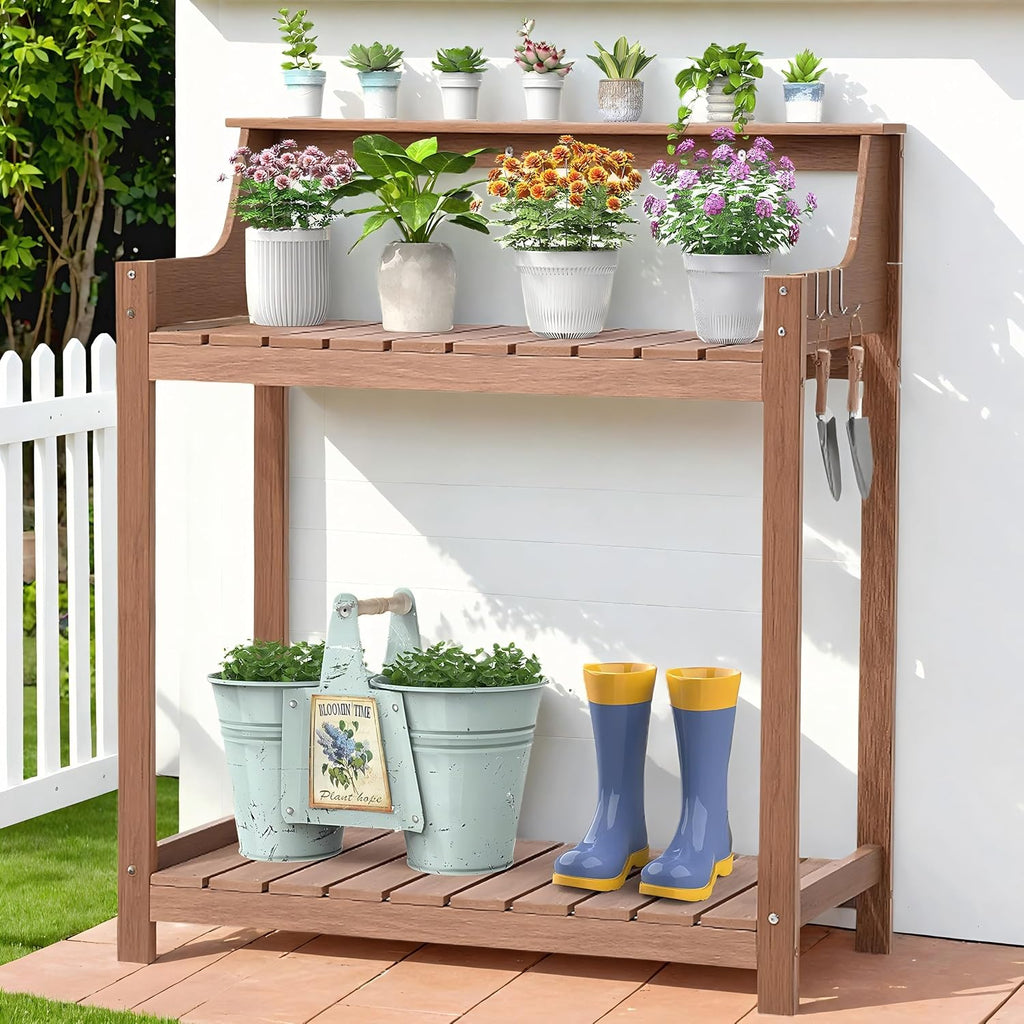 ONBRILL HDPS Potting Bench, All Weather Potting Table with 8 Hooks and Highten Tabletop, Easy Assembly Garden Work Bench, Outdoor Potting Benches for Outside Patio Lawn, 360LBS Capacity, Teak