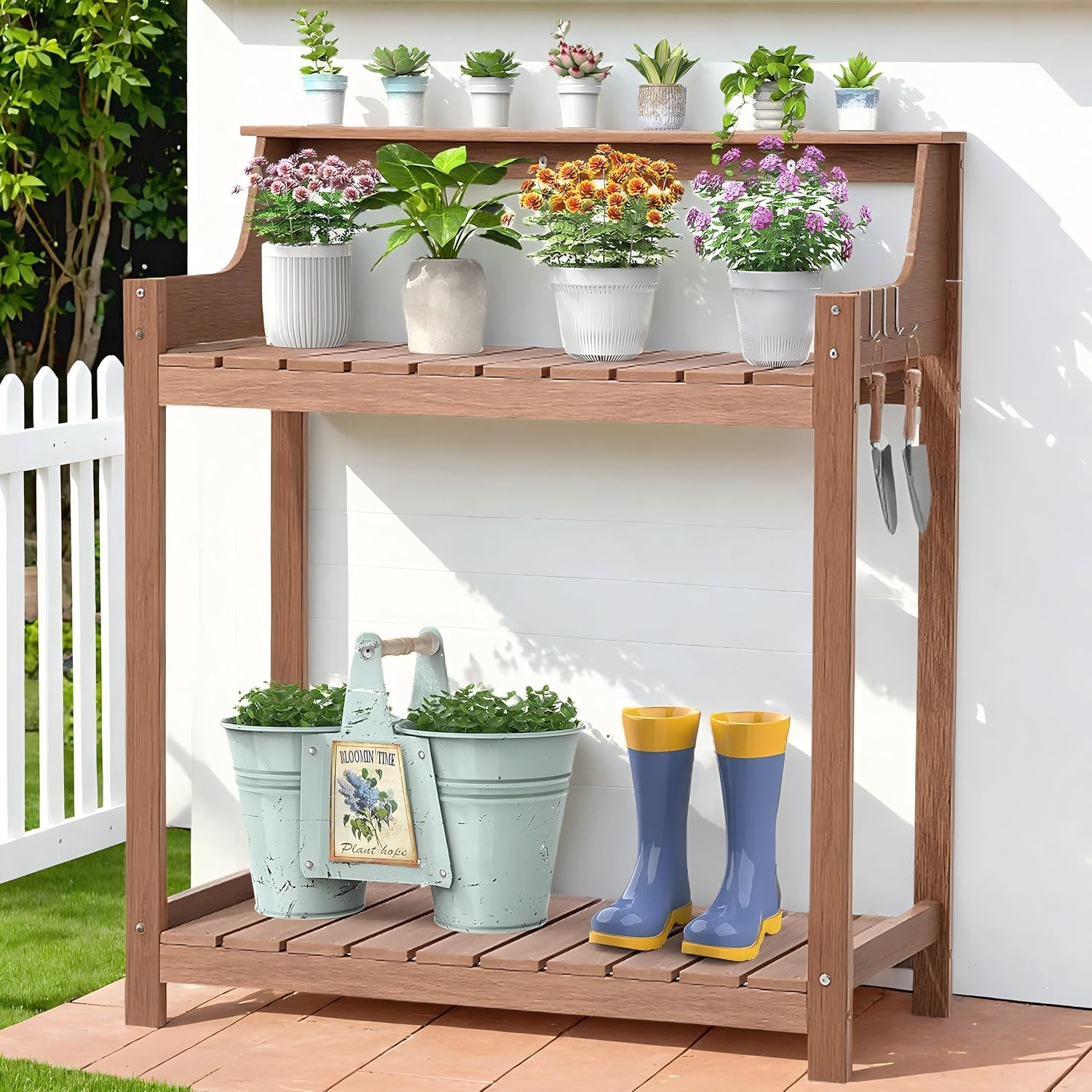 ONBRILL HDPS Potting Bench, All Weather Potting Table with 8 Hooks and Highten Tabletop, Easy Assembly Garden Work Bench, Outdoor Potting Benches for Outside Patio Lawn, 360LBS Capacity, Teak