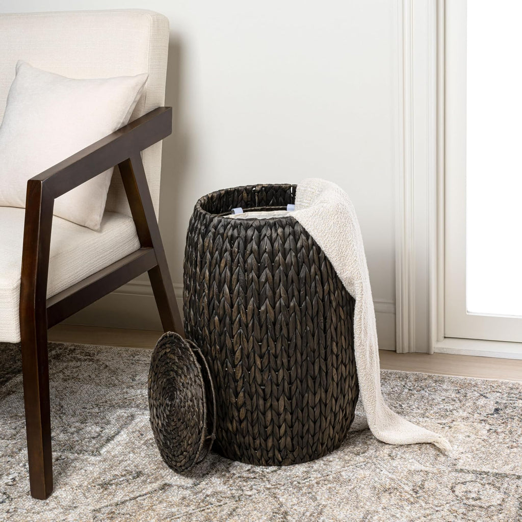 happimess SSL1001C Colt 21.06" Coastal Bohemian Handwoven Hyacinth Barrel Wicker Storage Basket with Lid End Table, Side Table for Decoration in Bathroom, Bedroom, Living Room, Black