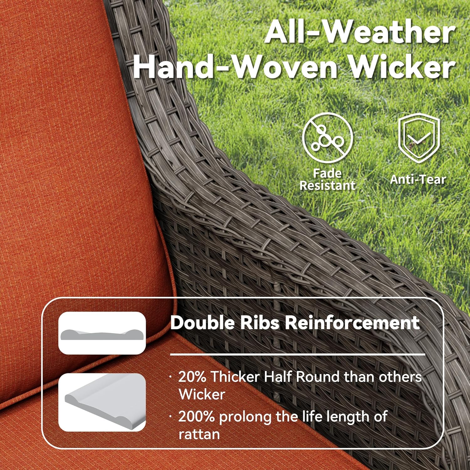 Outdoor Swivel Rocker Patio Chair - Outdoor Wicker Patio Furniture with Thickened Olefin Cushions, High Back and Deep Seating, Hand-Woven PE Rattan for Porch, Deck, Balcony, Orange