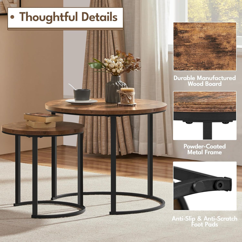 Yaheetech Nesting Coffee Table, Round Coffee Table for Living Room, Nesting Table with Wooden Tabletop and Sturdy Metal Frame, Stacking Living Room Tables Nesting End Table Set of 2, Rustic Brown