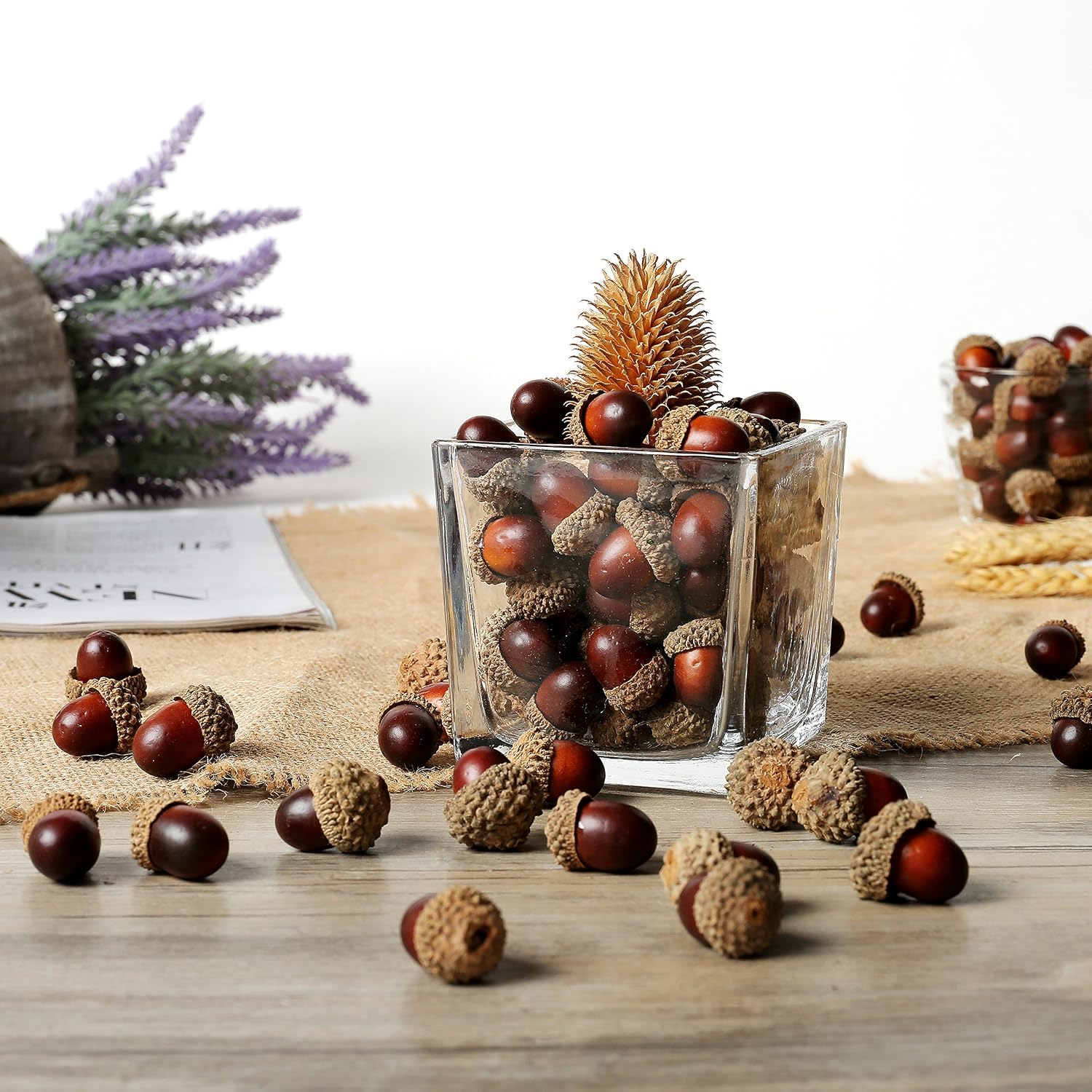 MyGift 100-Piece Brown Assorted Artificial Acorn Caps, Fall Autumn Vase Filler and Rustic Seasonal Decorations