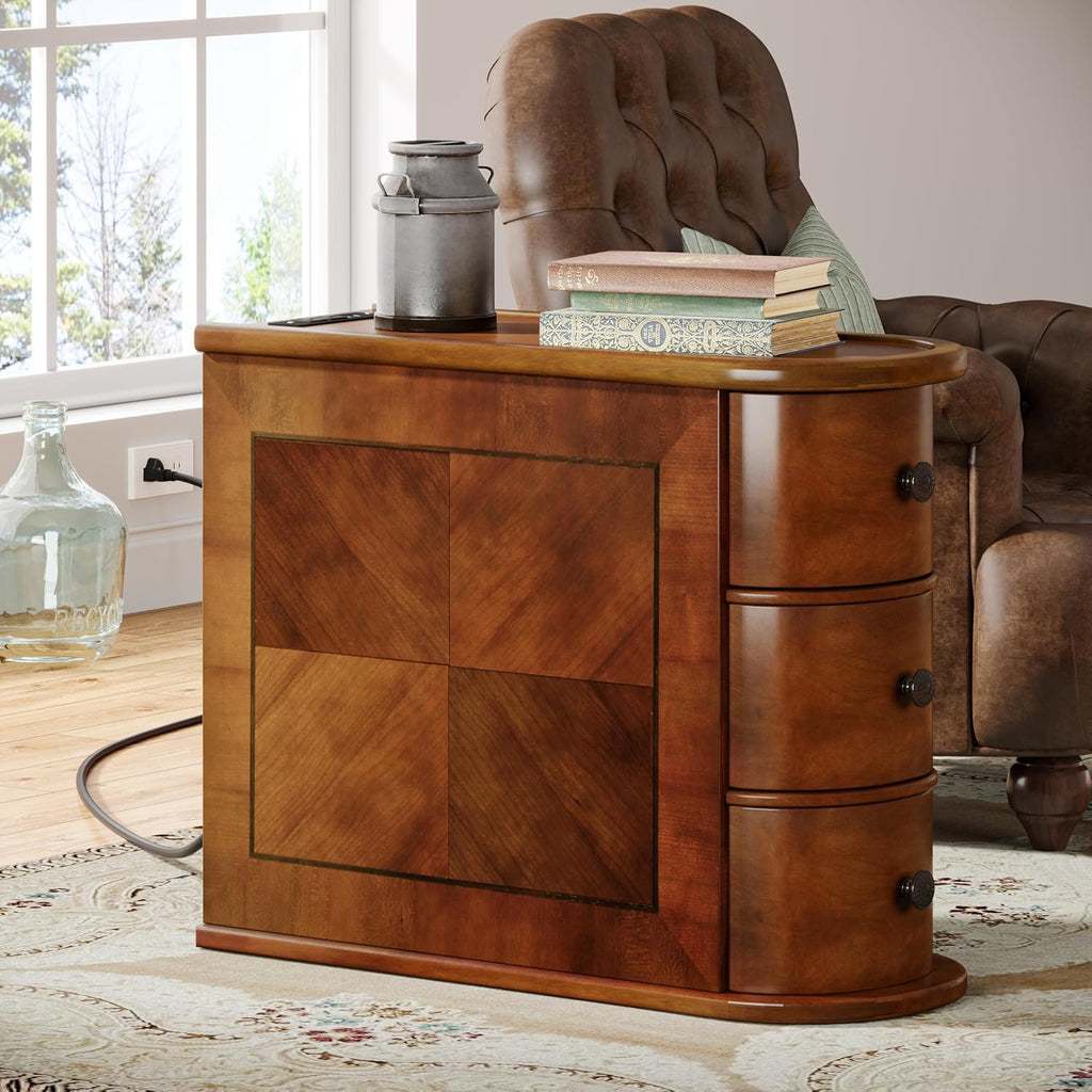 Solid Wood End Table with Charging Station, No Assembly Required Narrow Sofa Side Table for Living Room, Vintage Slim Nightstand Bedside Table (3 Drawers, Brown, 1Pc)