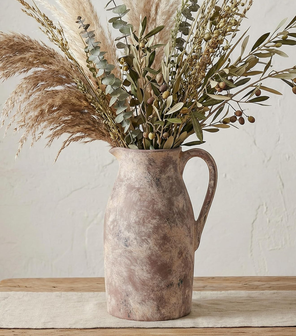 Ceramic Flower Vase with Handles,11" Neutral Tall Clay Terracotta Vases Farmhouse Table Vases with Handle Living Room Decor Rustic Pottery Pots for Home Shelf Coffee Dining Desk Fireplace