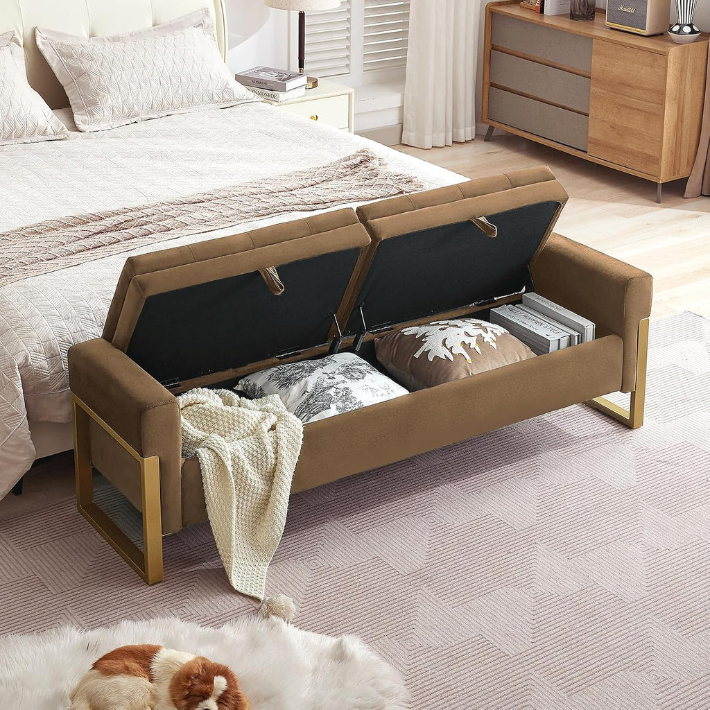 67" End of Bed Bench King Size, Velvet Storage Bench for Bedroom Foot of Bed, Double Lids Storage Bench with Golden Legs, Upholstered Ottoman Bench for Living Room Window Entryway, Brown