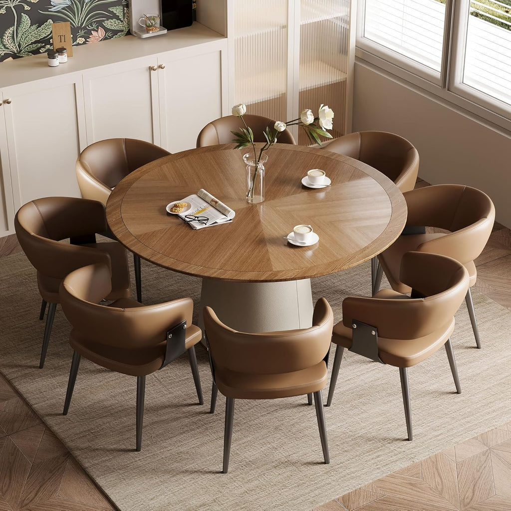 Round Faux Leather Base Dining Table for 4-6 People, Modern Wood Kitchen Table with Solid Veneer Top, Walnut, 59.05" (59.1 inches (Diameter) x 29.8 inches (Height))