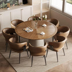 Round Faux Leather Base Dining Table for 4-6 People, Modern Wood Kitchen Table with Solid Veneer Top, Walnut, 59.05" (59.1 inches (Diameter) x 29.8 inches (Height))
