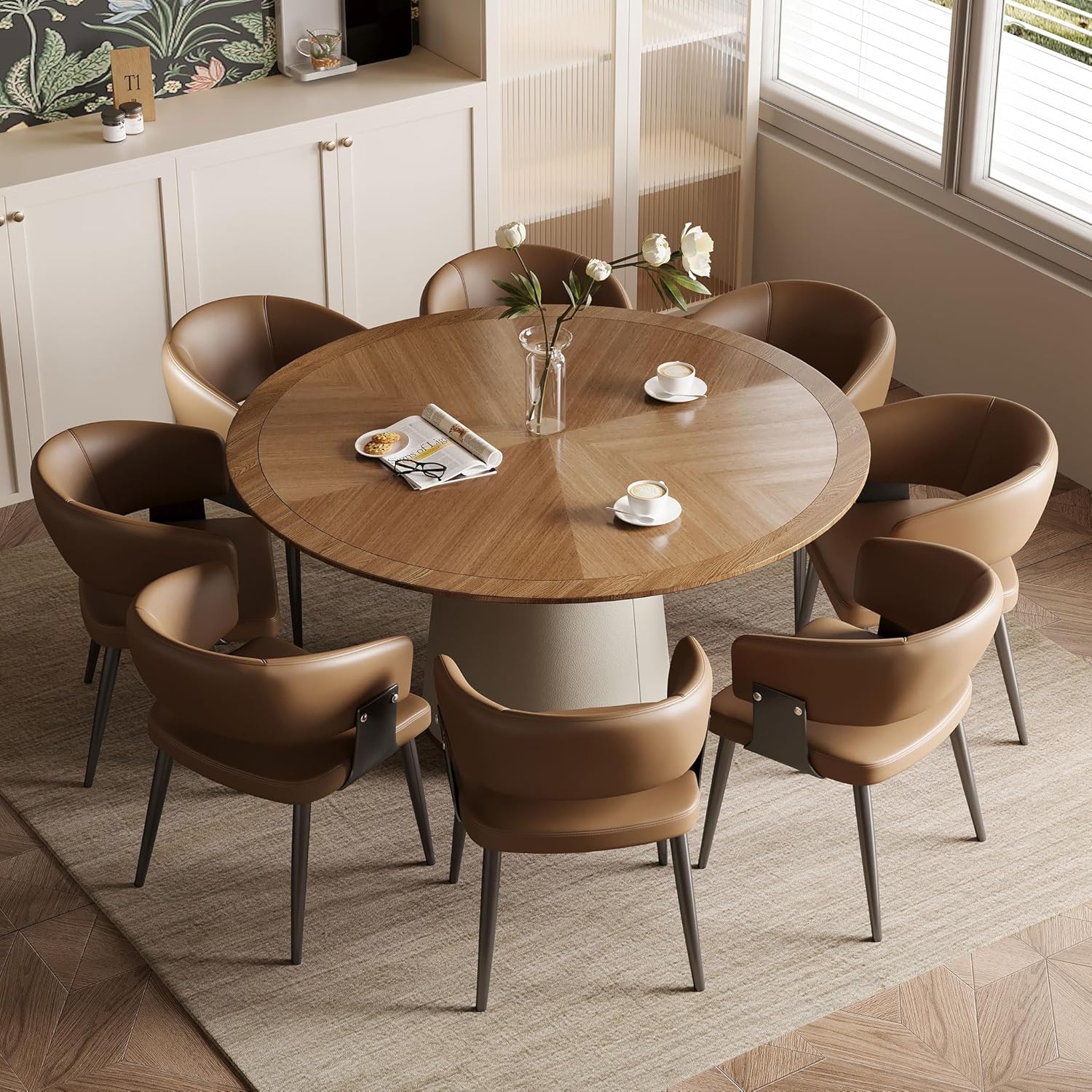 Round Faux Leather Base Dining Table for 4-6 People, Modern Wood Kitchen Table with Solid Veneer Top, Walnut, 59.05" (59.1 inches (Diameter) x 29.8 inches (Height))