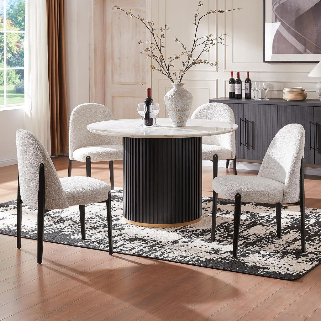 Morden Fort Boucle Dining Chairs Set of 4, Thick Upholstered Chairs with Metal Legs & Curved Backrest, Post Modern Minimalist Chair for Dining Room, Kitchen, Living Room, Bedroom, Apartments, White