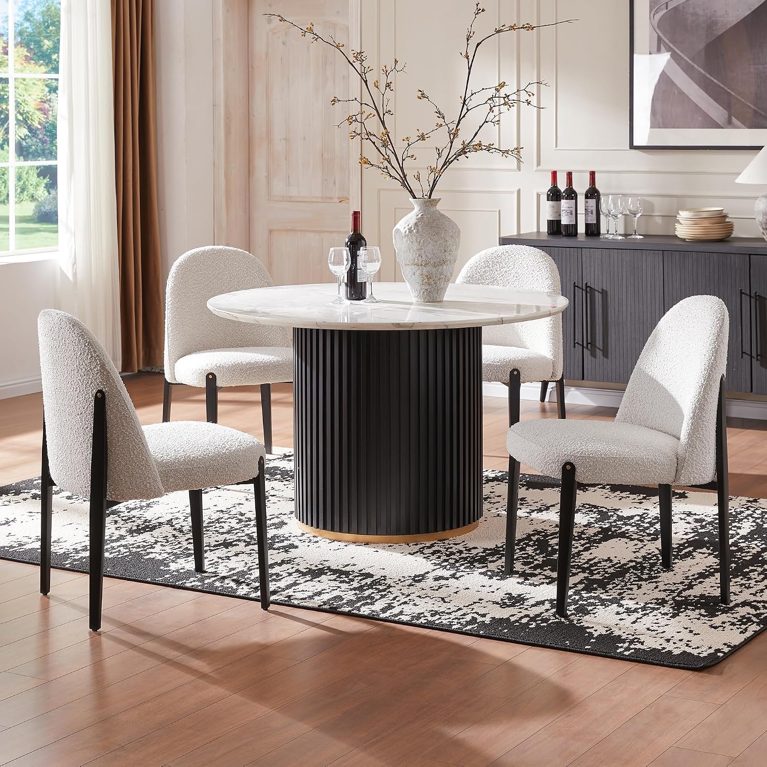 Morden Fort Boucle Dining Chairs Set of 4, Thick Upholstered Chairs with Metal Legs & Curved Backrest, Post Modern Minimalist Chair for Dining Room, Kitchen, Living Room, Bedroom, Apartments, White