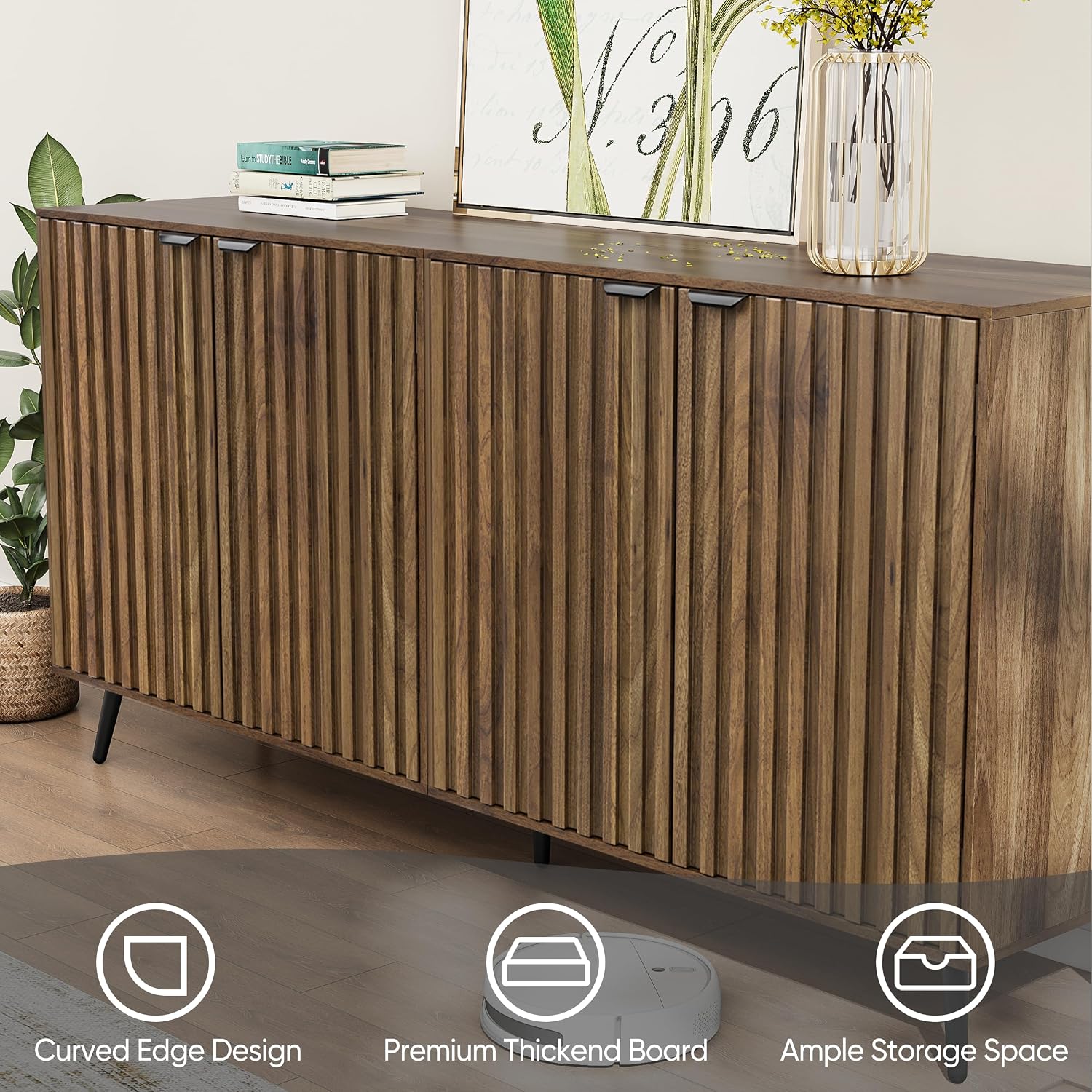 Smuxee 63" Fluted Sideboard Cabinet, Freestanding Walnut Buffet Cabinet with Adjustable Shelf, Wood Storage Cabinet for Living Room, Entryway, Hallway