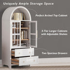 Tall Arched Cabinet with Glass Doors, Wood Kitchen Pantry & Arch Bookcase with 2 Large Drawers & Adjustable Shelves/Golden Handles for Kitchen Dining Room Living Room (White)