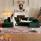 CHORRO134.6''Sectional Boneless Couch for Livingroom,Modular Corduroy Cloud Couch, U-Shaped Sofa with Chaise and Pillows,4-Deep Seat Sectional Sofa with 1 Ottoman,(Green,Left Chaise)