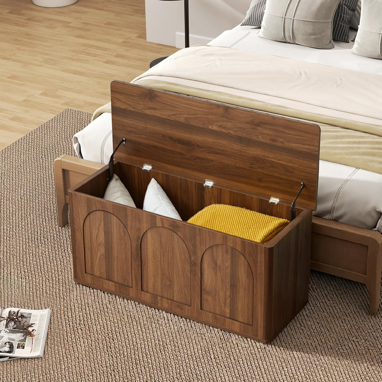 40''W 15''D Foot End of Bed Hidden Storage Bench with Lift Top Storage and Seating, Shoe Trunk Chest Bench Seat for Bedroom, Living Room, Entryway, Hallway, Under Window-Walnut