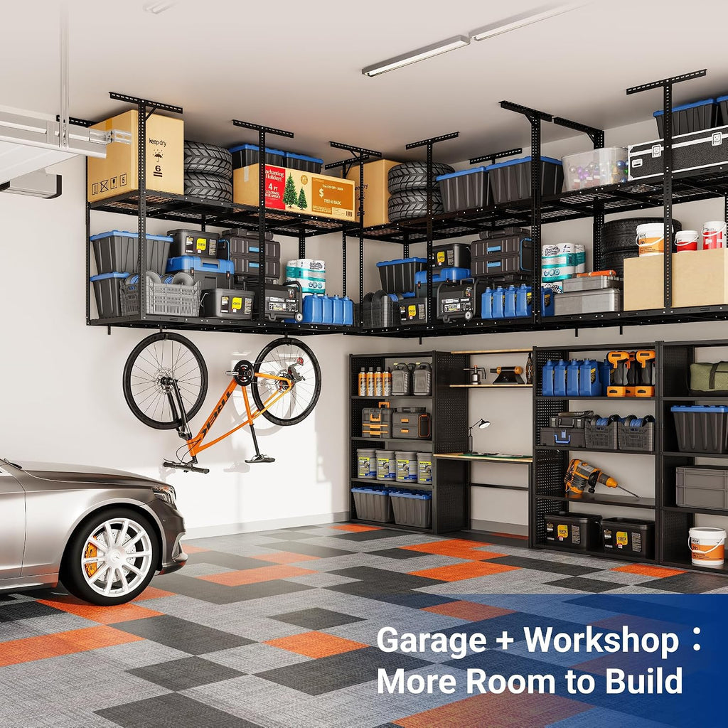FLEXIMOUNTS 3x8ft 2-Tier Garage Ceiling Storage Rack, Adjustable Overhead Garage Storage System, Heavy Duty Metal Shelving, 1000 lbs Capacity, Ideal for 9–15ft High Ceilings, Black