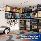FLEXIMOUNTS 3x8ft 2-Tier Garage Ceiling Storage Rack, Adjustable Overhead Garage Storage System, Heavy Duty Metal Shelving, 1000 lbs Capacity, Ideal for 9–15ft High Ceilings, Black
