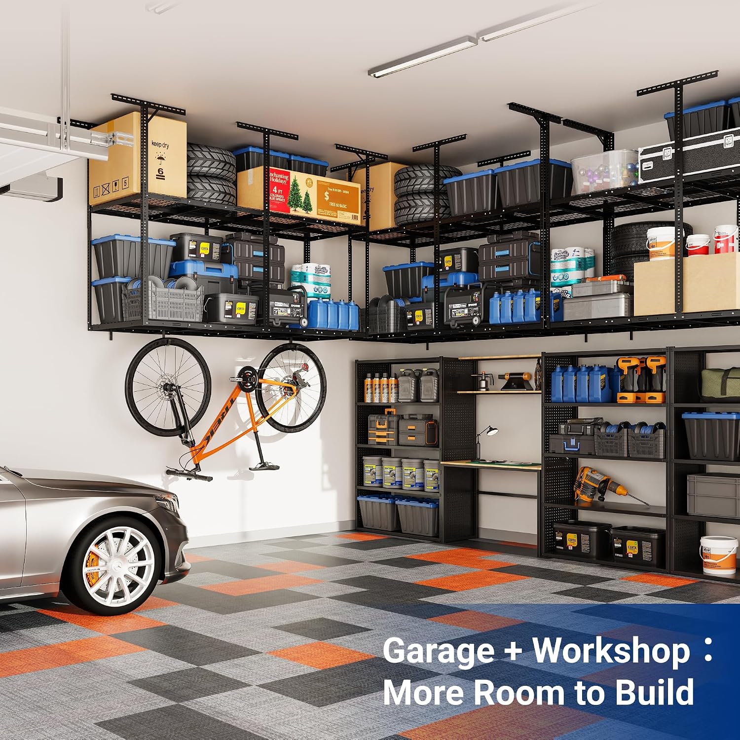 FLEXIMOUNTS 3x8ft 2-Tier Garage Ceiling Storage Rack, Adjustable Overhead Garage Storage System, Heavy Duty Metal Shelving, 1000 lbs Capacity, Ideal for 9–15ft High Ceilings, Black