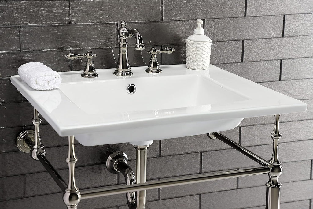 Kingston Brass KVPB25227W8PN Edwardian 25-Inch Console Sink with Brass Legs (8-Inch, 3 Hole), White/Polished Nickel