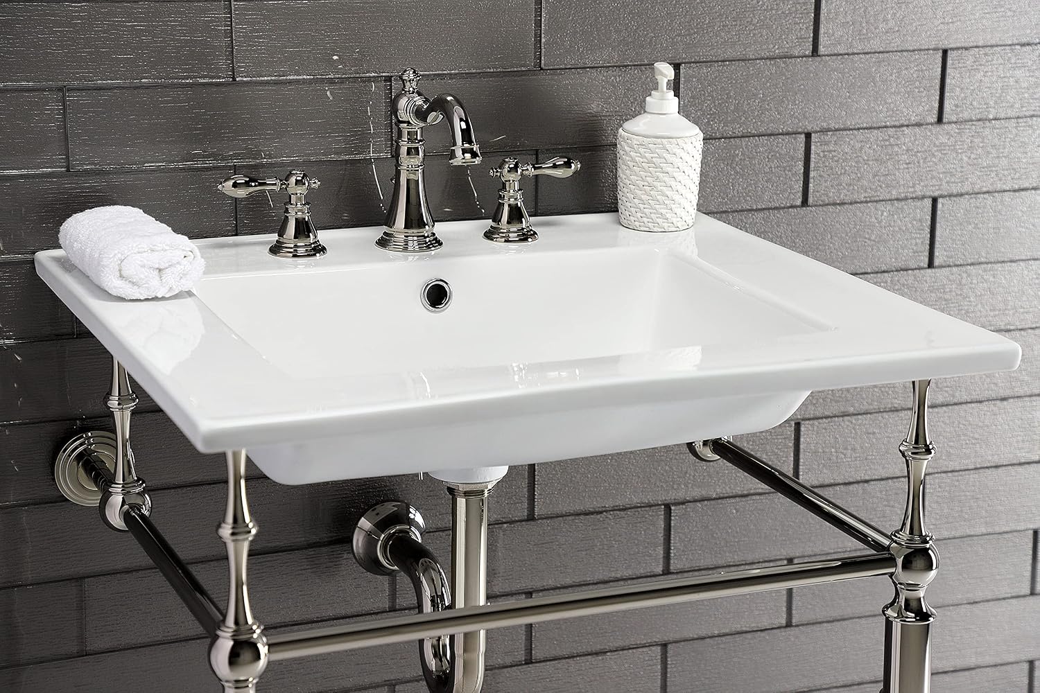 Kingston Brass KVPB25227W8PN Edwardian 25-Inch Console Sink with Brass Legs (8-Inch, 3 Hole), White/Polished Nickel