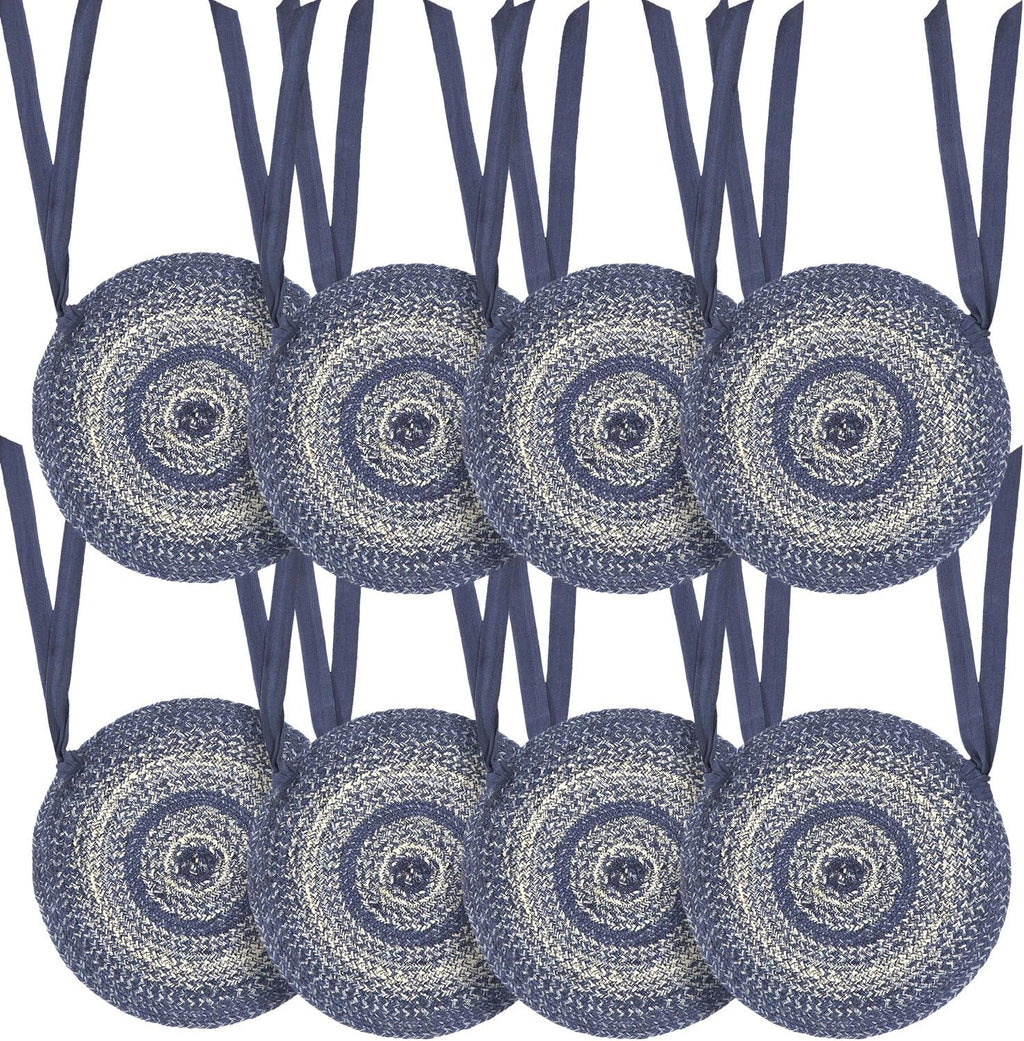 VHC Brands Great Falls Blue Round Seat Cushion Chair Pad, Blue White, Jute Blend with Ties, 15x15 Inches, Set of 8