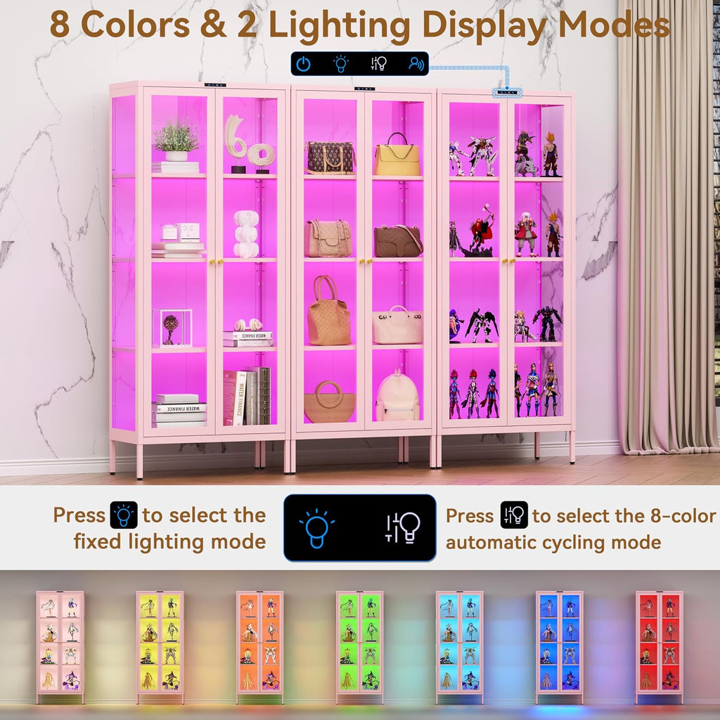 Polup Glass Display Cabinet with Glass Doors, Metal Curio Cabinet with 8-Color LED Lights, 66 Inch Tall Display Case for Collectibles, Pink China Cabinet for Living Room, Assembly Required