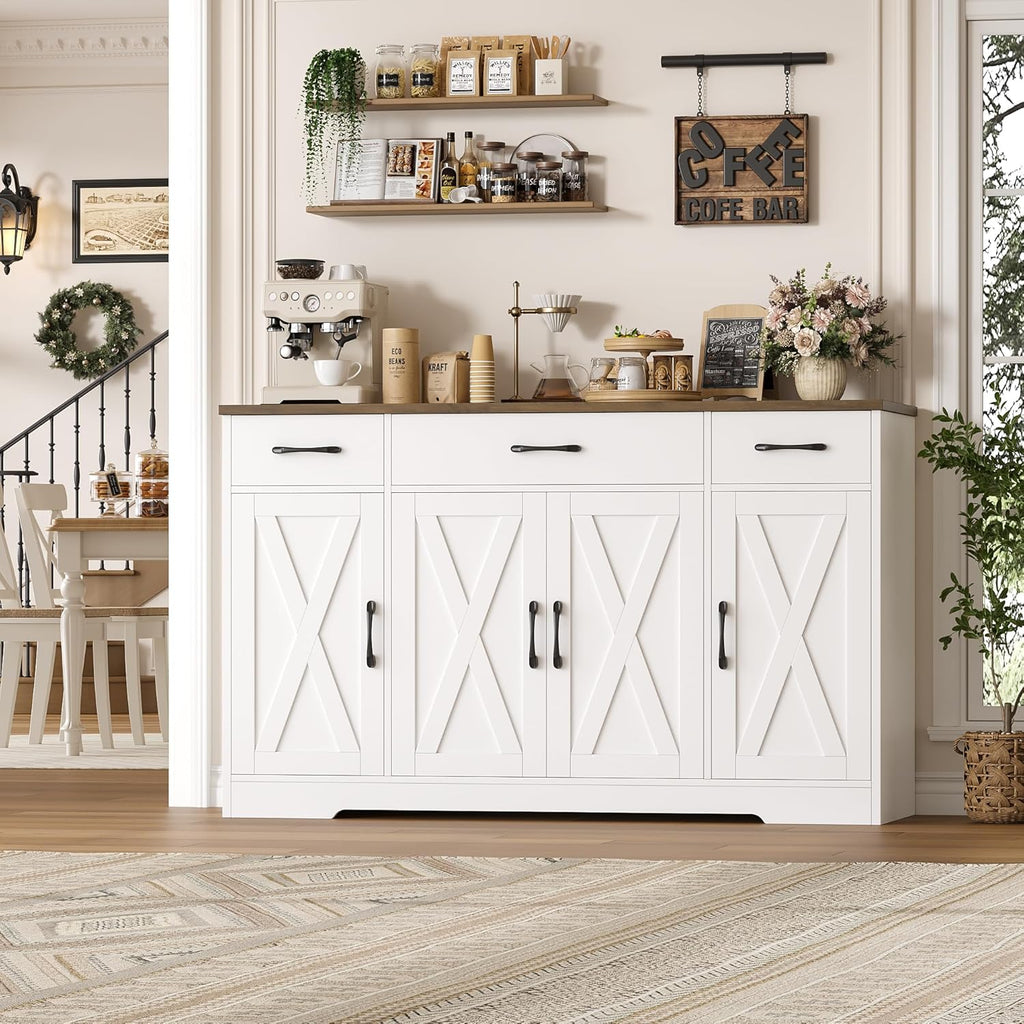 HOSTACK Buffet Cabinet with Drawers, 55" Large Sideboard Buffet Storage Cabinet with Shelves and Doors, Modern Farmhouse Coffee Bar Station Wood Kitchen Table for Kitchen, Dining Room, White/Rustic