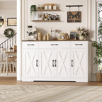 HOSTACK Buffet Cabinet with Drawers, 55" Large Sideboard Buffet Storage Cabinet with Shelves and Doors, Modern Farmhouse Coffee Bar Station Wood Kitchen Table for Kitchen, Dining Room, White/Rustic