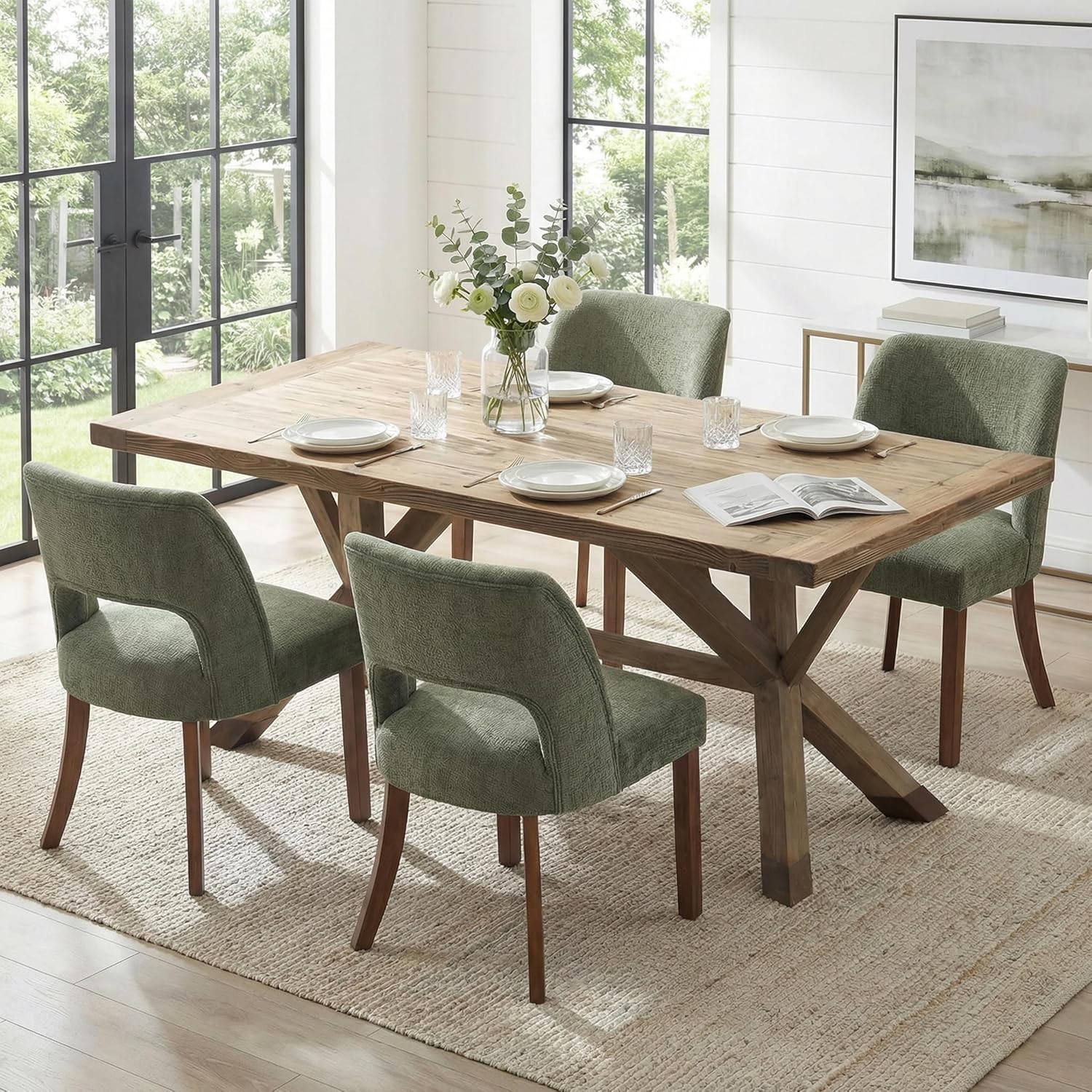 keoni Wooden Dining Chairs Set of 4, Mid Century Modern Upholstered Dining Room Chairs with Rubberwood Legs, Fabric Farmhouse Kitchen Chairs with Foot Pegs for Dining Room, Green