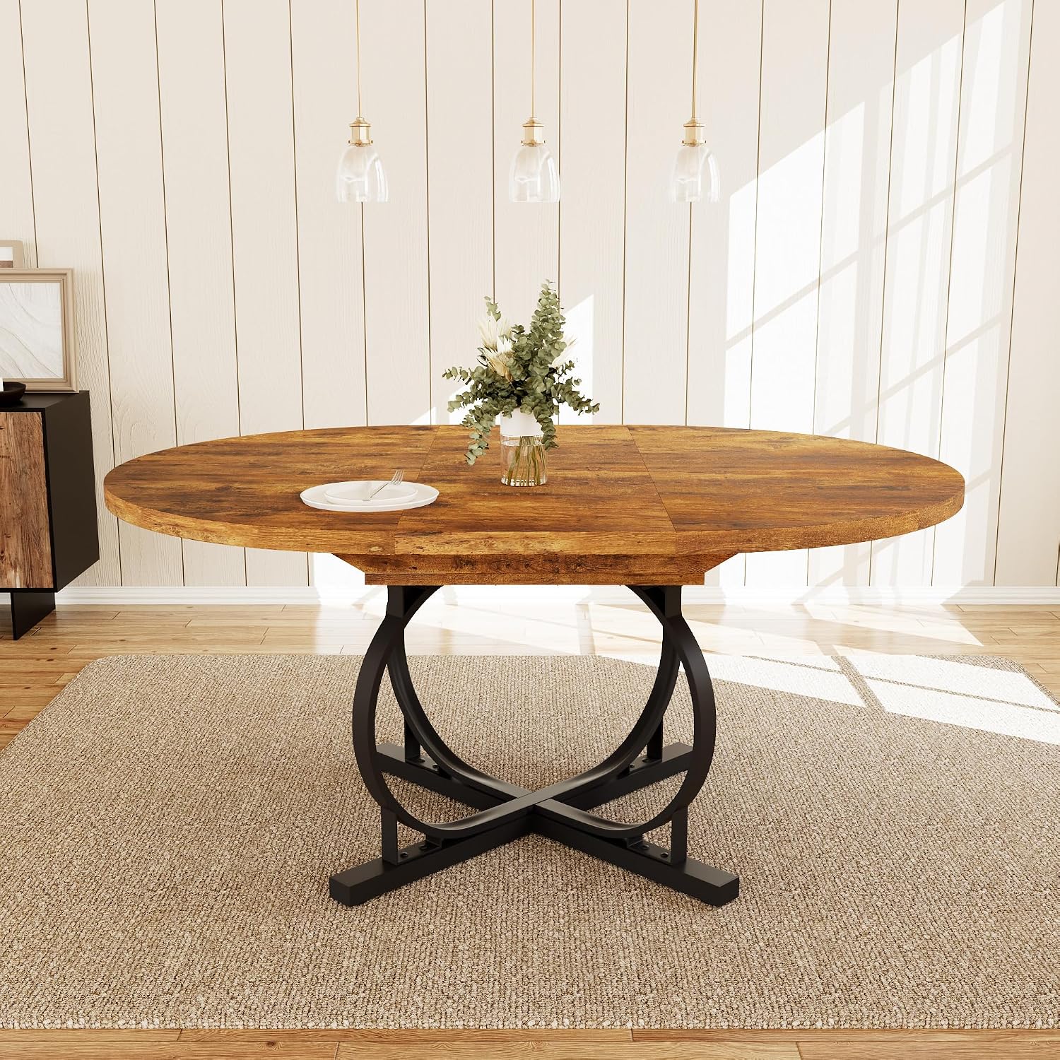 HIPIHOM 43.3"-59" Extendable Round Dining Table for 4-6 People, Modern Kitchen Oval Dining Table with Sturdy X-Base Metal Legs, Space Saving, MDF Board for Kitchen Dining Room (Vintage Brown)