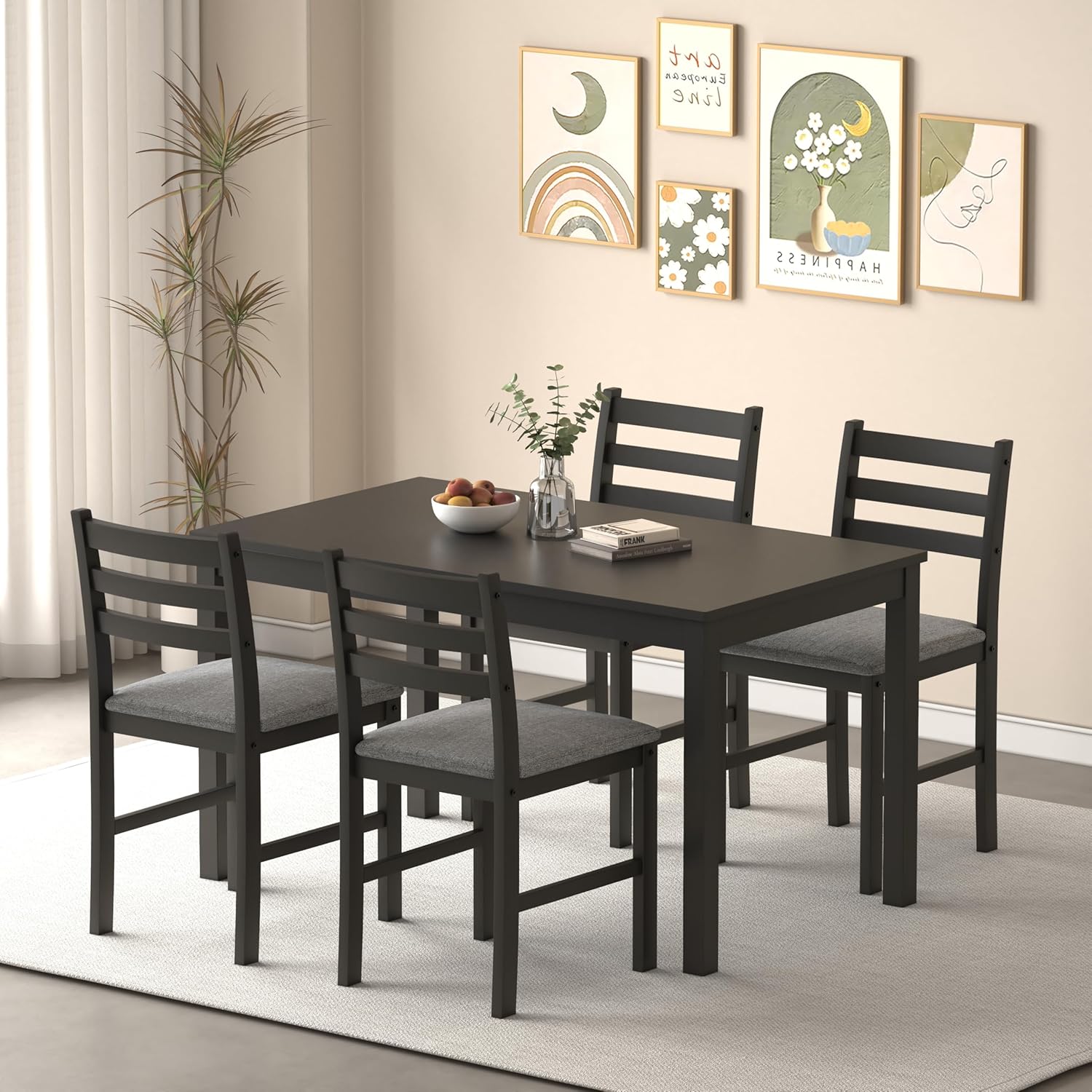 WiberWi Dining Table Set for 4, Solid Wood Kitchen Table and Chairs Set of 4, 43.3” Space-Saving Mid Century Modern Dining Room Table with Upholstered Chairs, Black