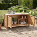 Giantex Acacia Wood Outdoor Cabinet, Storage Cabinet w/Faux Marble Top, Rattan Doors, Interior Shelves & Compartment, Buffet Cabinet, Functional Potting Table for Garden, Patio, Backyard