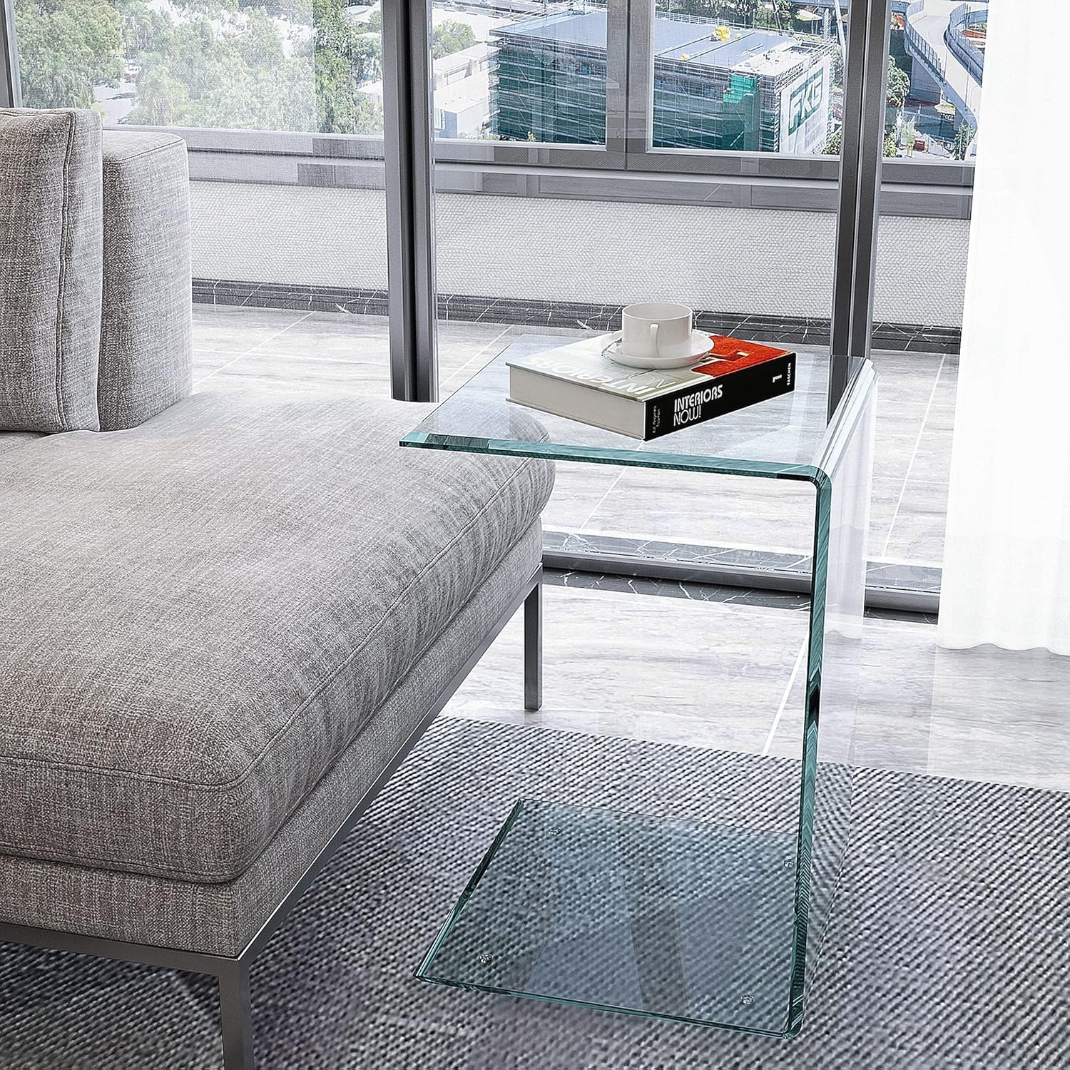 15.36" 2-Piece Glass End Table, C Shaped Side Table Set of 2 Clear Tempered Glass Snack Table Modern Nightstand Bedside Table for Living Room, Bedroom, Office, Bathroom