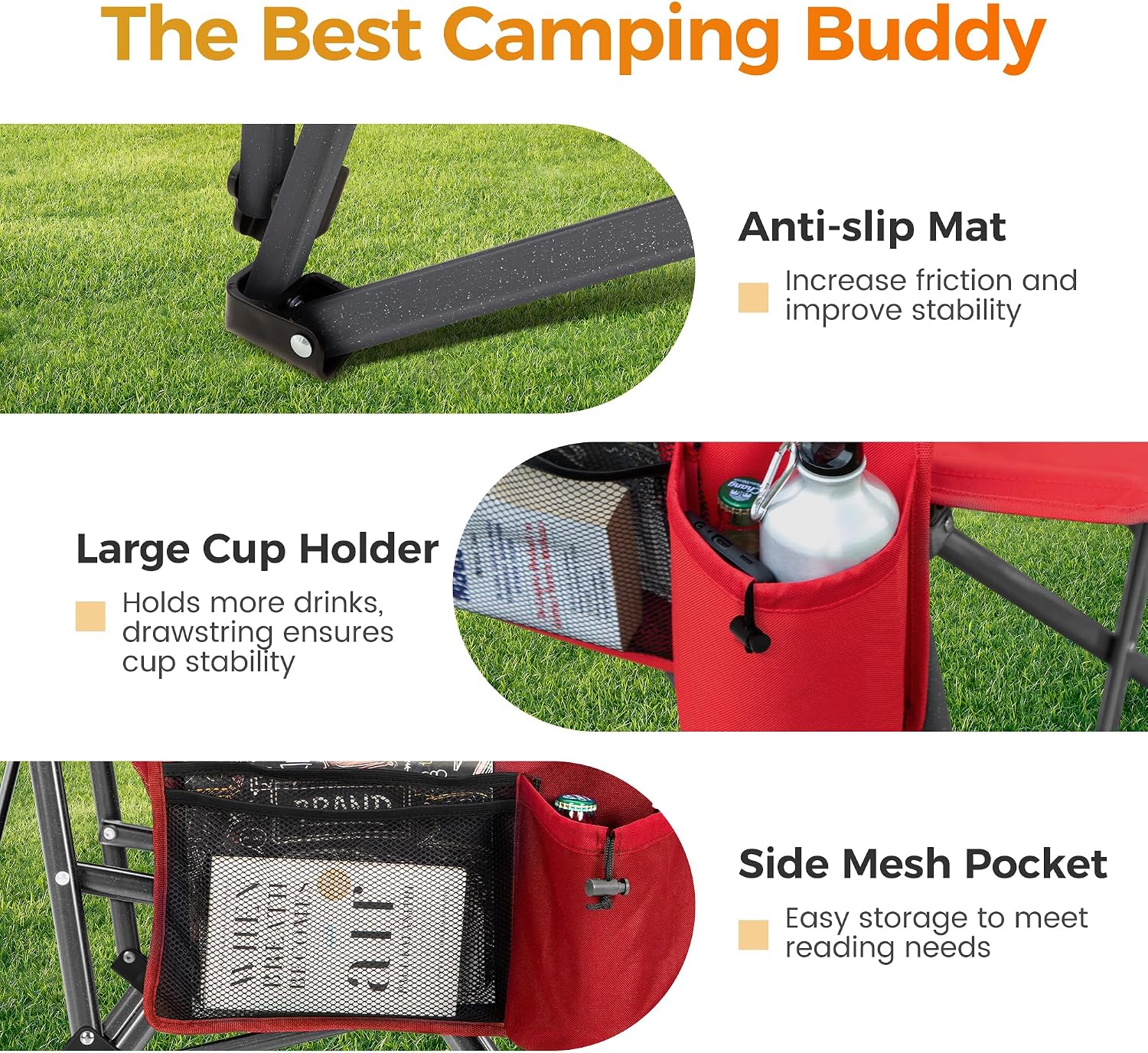 ALPHA CAMP Heavy Duty Camping Chairs with Cup Holder Oversized Folding Chair 500LBS Capacity Outdoor Chair with Headrest,Lawn with Side Pocket for Lawn, Sports and Fishing