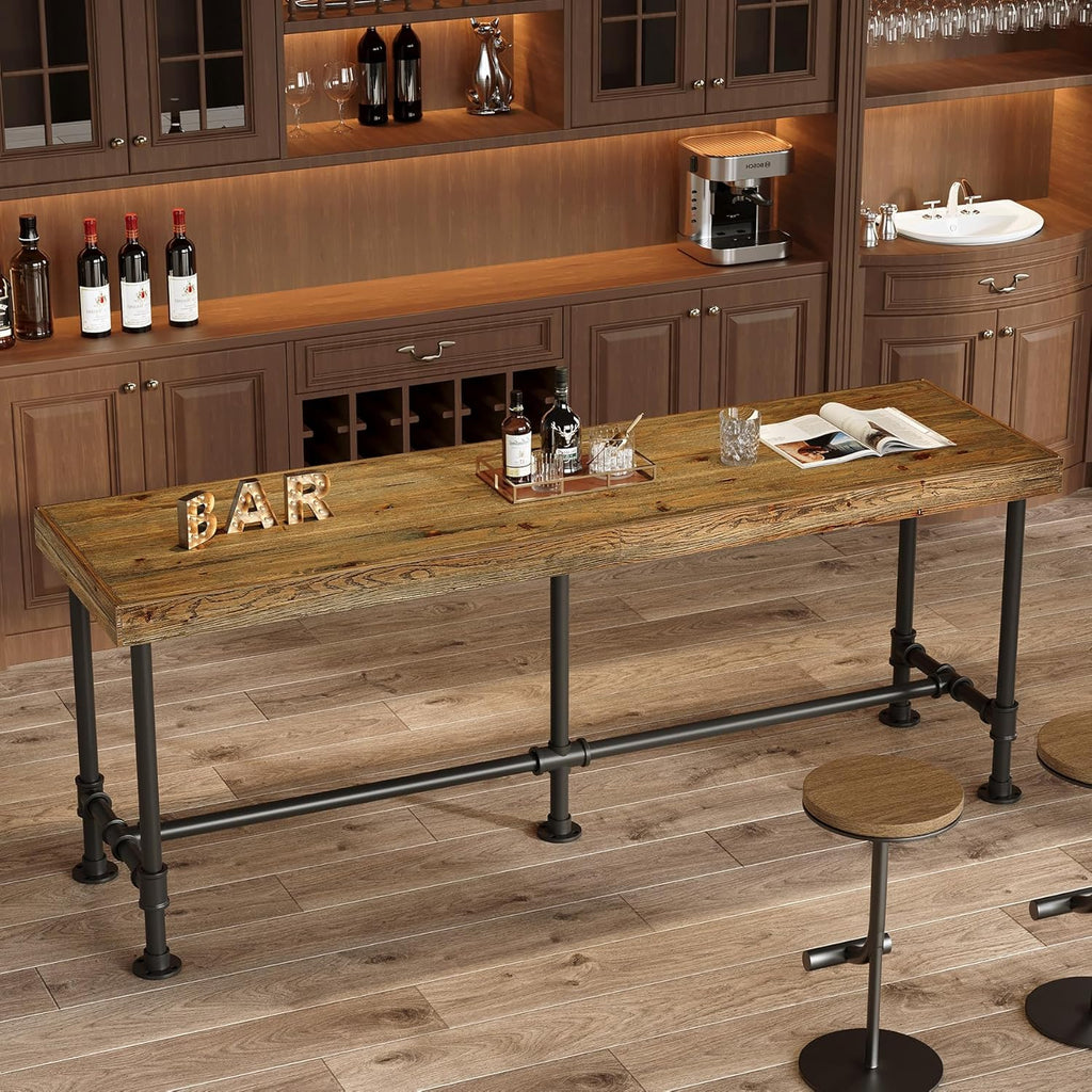 70.9-Inch Long Solid Wood Bar Table for 6-8 People, Industrial Narrow Counter Height Pub Table with Metal Footrest, Rectangular High Top Bar Unit for Kitchen Dining, Rustic Brown(Table Only)