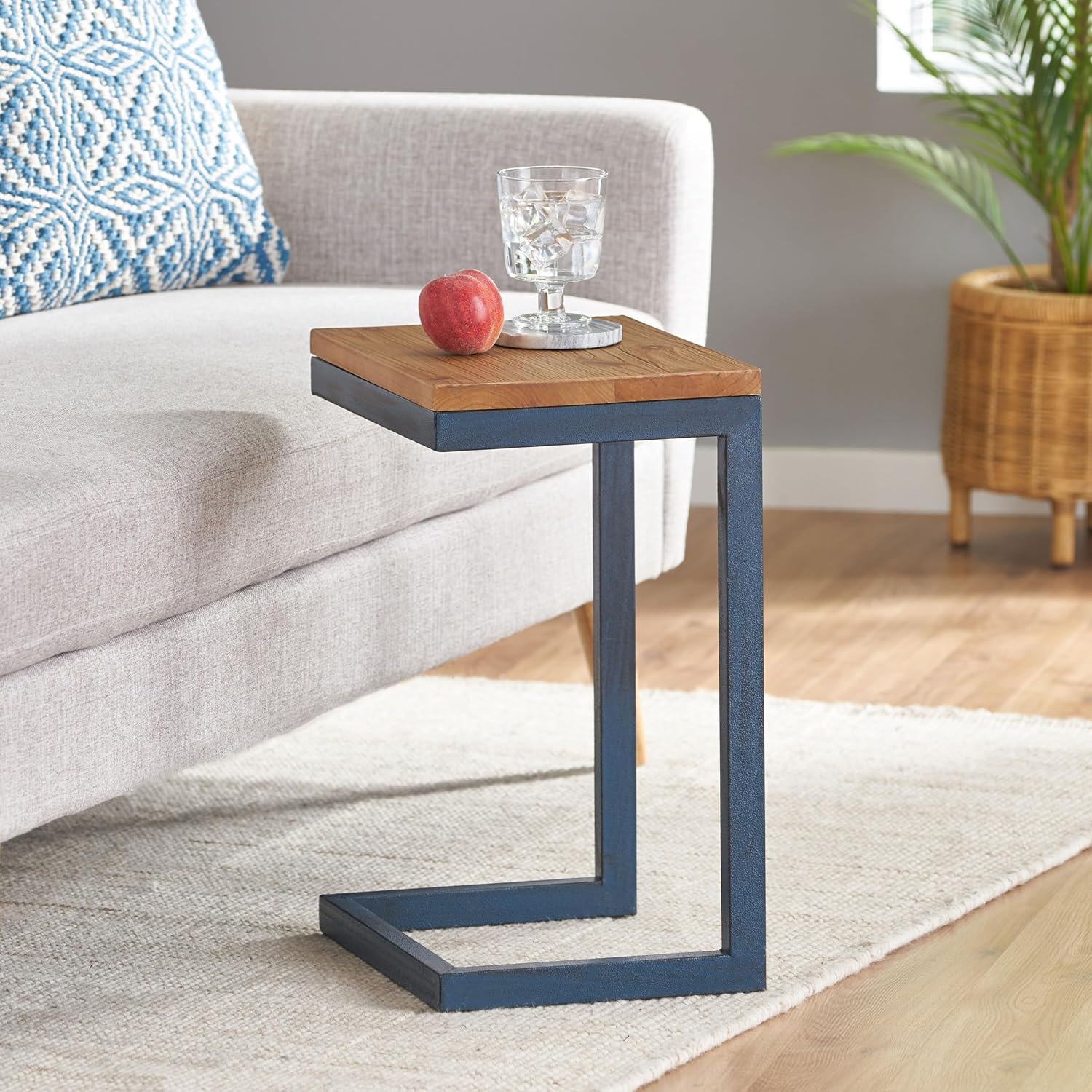 C-Shaped Side Table with Natural Wood Top and Metal Frame, Rectangular, for Living Room, 10.25 x 12.75 x 19 Inches