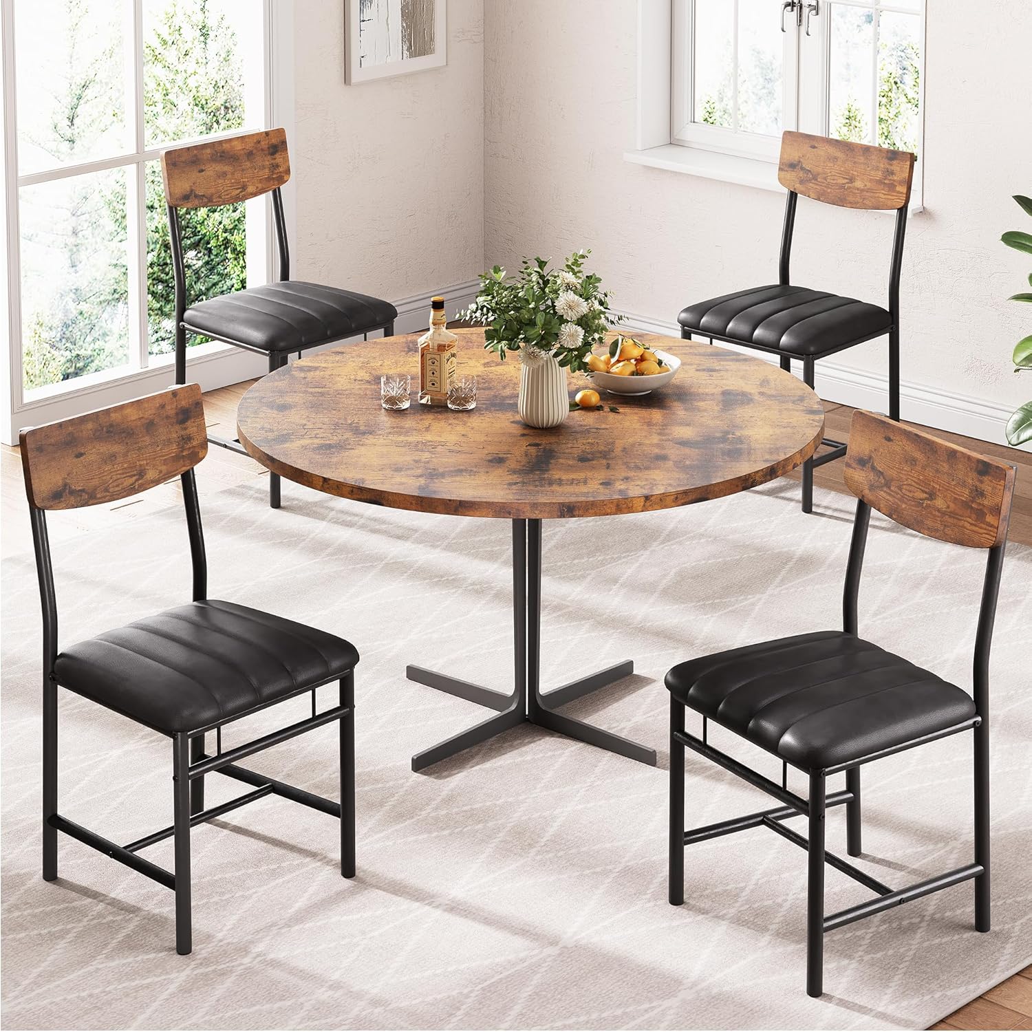 Jocoevol Industrial Dining Chairs Set of 6 - Upholstered Dining Room Chairs with PU Leather, Kitchen Chairs with Wooden Backrest and Thickened Metal Legs, for Dining Room, Living Room (6) (Brown)