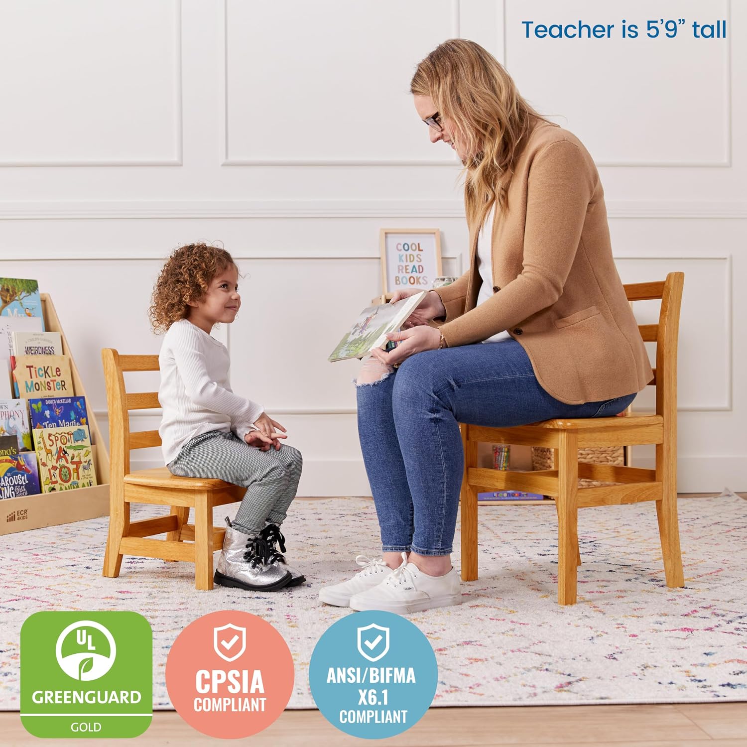 ECR4Kids Three Rung Ladderback Chair, 16" Seat Height, Classroom Seating, Honey, 2-Pack