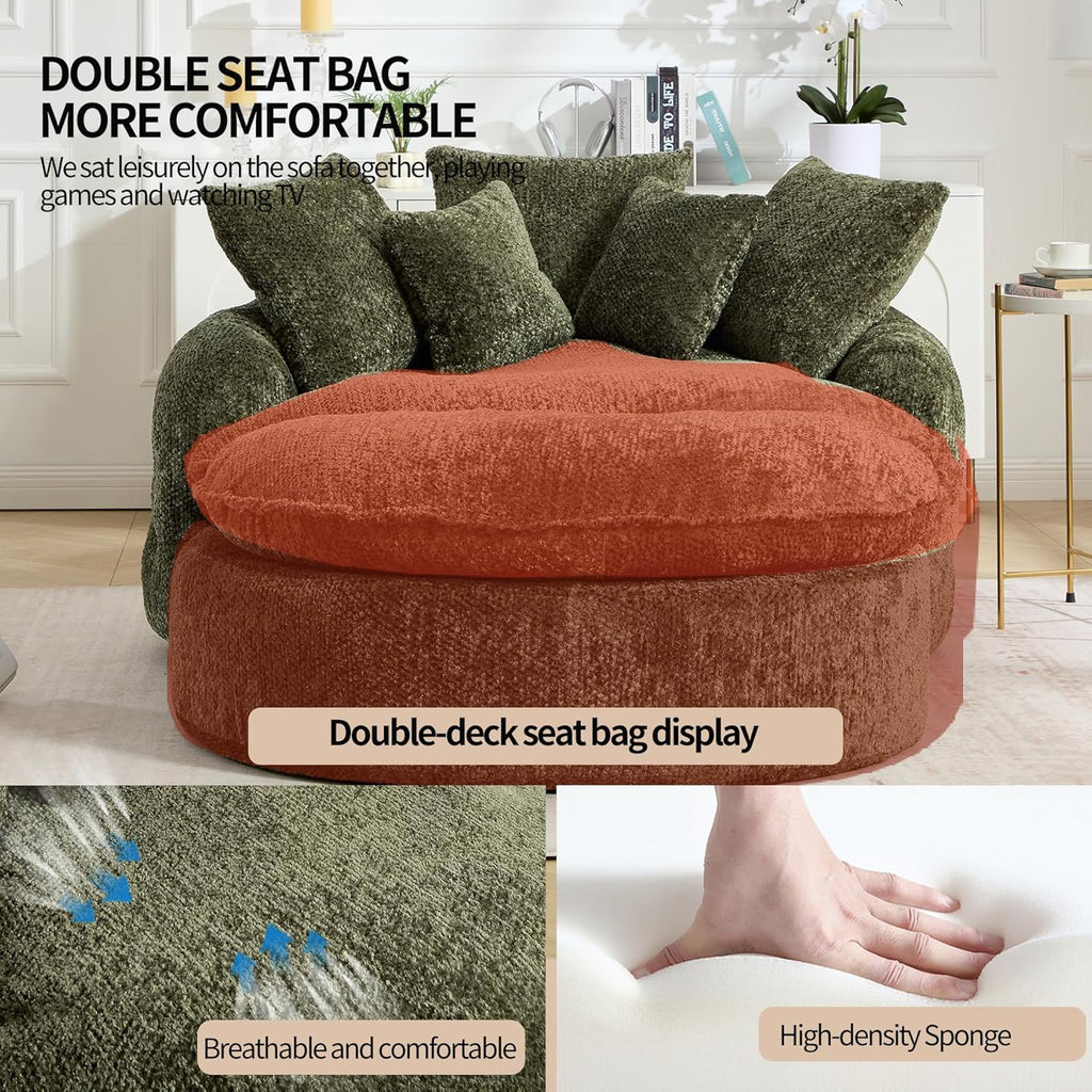 Round Oversized Lounge Chair with Ottoman - Cloud Comfy Boneless Sofa Chair for Living Room Relaxation (Olive Green, Chair and Ottoman)