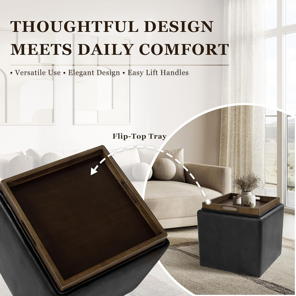 HomePop 17.5" Storage Ottoman with Tray Top - Black Faux Leather