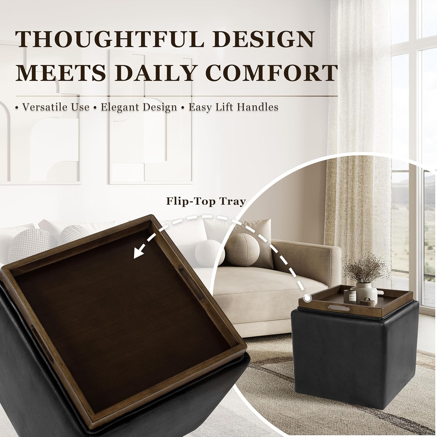 HomePop 17.5" Storage Ottoman with Tray Top - Black Faux Leather