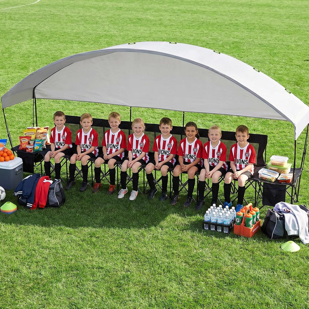 1MORE Soccer Bench with Canopy, Portable Folding Team Bench, 8 Seats Foldable Sideline Benches, Soccer Chair with Bag & Mesh Backrest, Adult Team Chair for Football