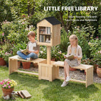 DTK Little Free Library Kit with Planter & Dual Benches,Outdoor Library Box with Clear Door & Waterproof Roof,DIY Paintable Lending Library,L-Shaped or Side Seating for Yard Garden Community