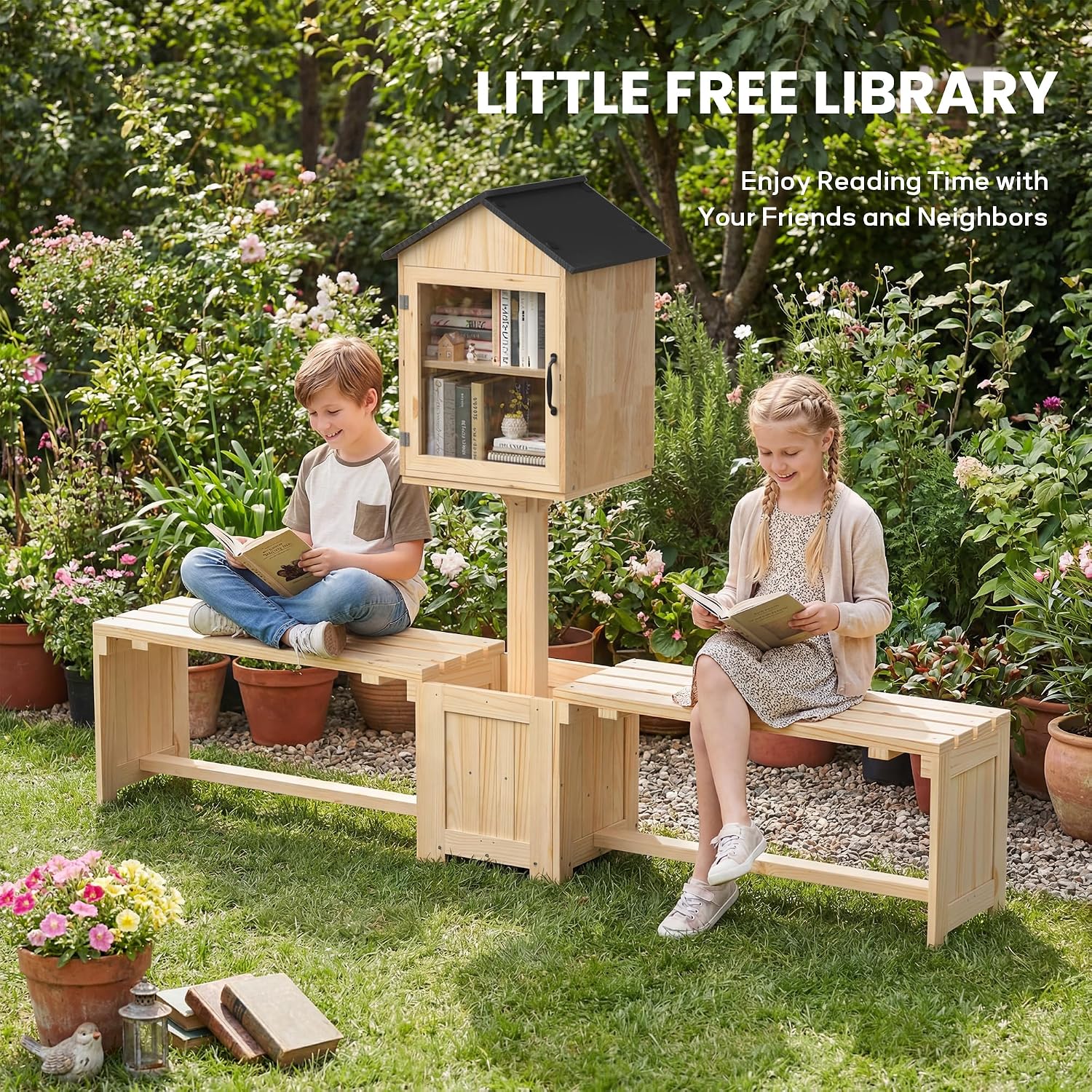 DTK Little Free Library Kit with Planter & Dual Benches,Outdoor Library Box with Clear Door & Waterproof Roof,DIY Paintable Lending Library,L-Shaped or Side Seating for Yard Garden Community